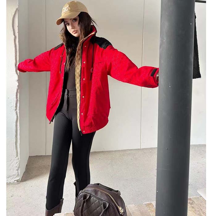 Gucci Women GG Canvas Bomber Jacket High Neck Drawstring Detachable Hood Gilet Dropped Shoulder