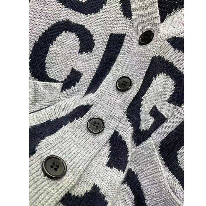 Gucci Women GG Cardigan Gucci Intarsia Grey Wool Blue V-Neck Dropped Shoulder Long Sleeves Two Pockets