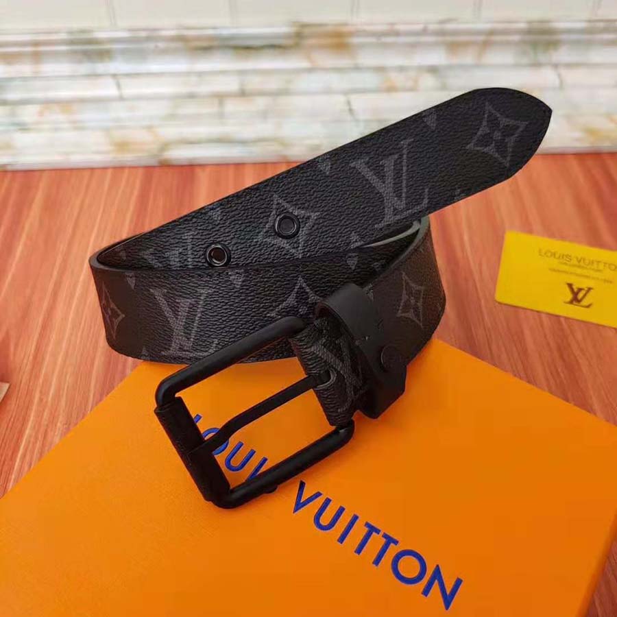 Louis Vuitton LV Unisex Voyager 35mm Belt in Monogram Eclipse Canvas-Grey