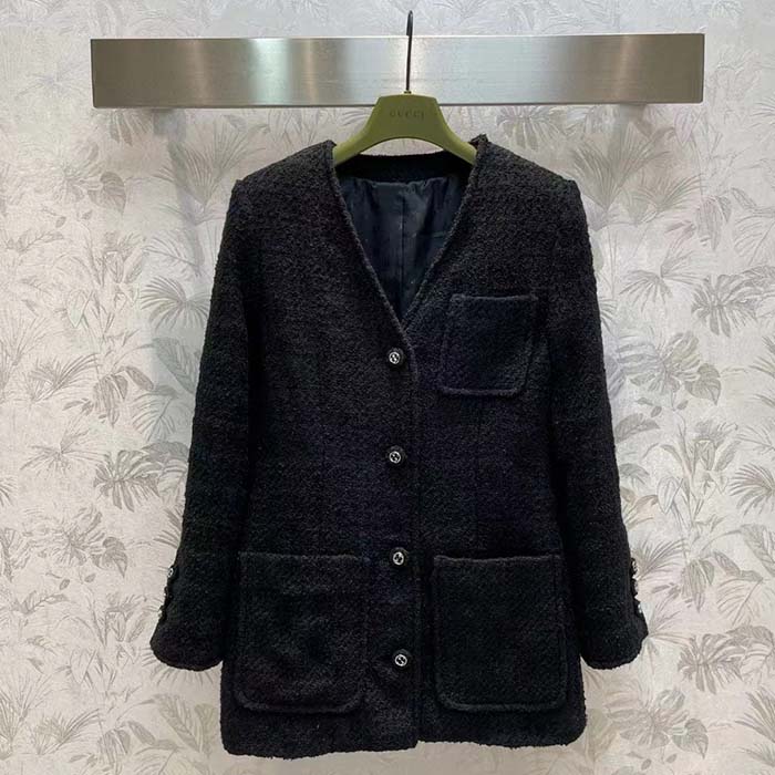 Gucci GG Women Tweed Mélange Jacket Black Self-Covered Buttons Interlocking G Lined V-Neck