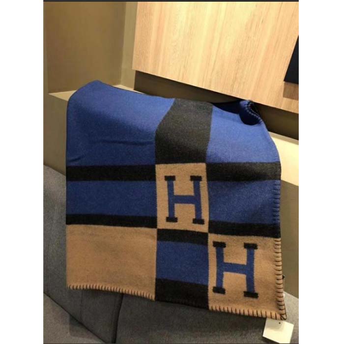 Hermes Unisex Wool Cashmere Blue Navy Beige Black Multifunction Blanket Scarf