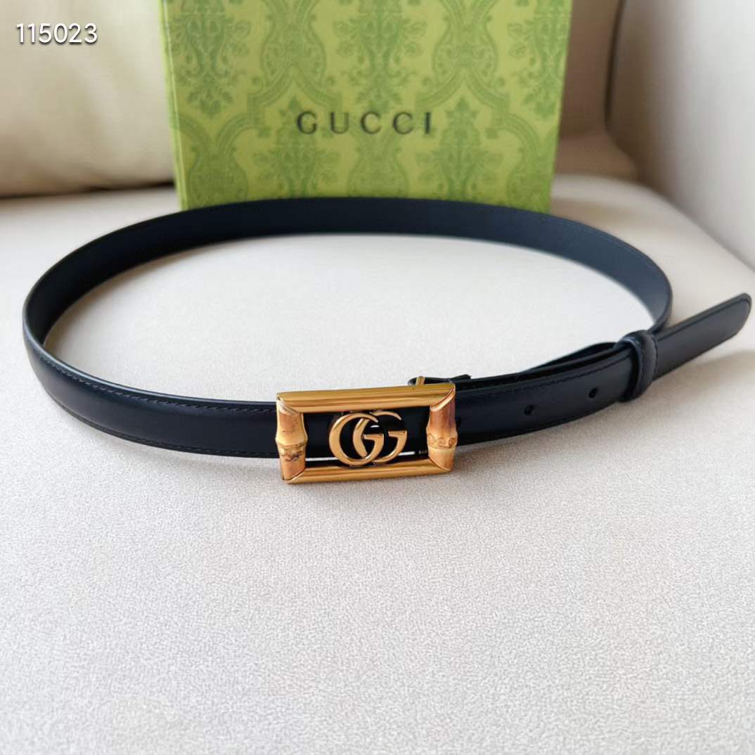 Gucci Unisex GG Belt Double G Buckle Bamboo Black Leather 1.8 CM Width