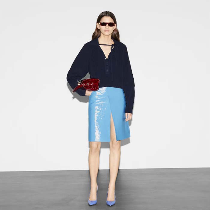 Gucci Women GG Chunky Rib Cotton Polo Top Knitted Label Raglan Long Sleeves