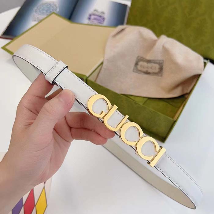 Gucci Unisex Buckle Thin Belt White Leather Gold-Toned Hardware 2 CM Width