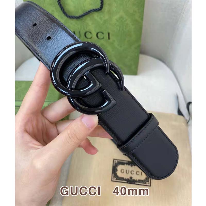 Gucci Unisex GG Marmont Wide Belt Black Leather Double G Buckle 4 cm Width