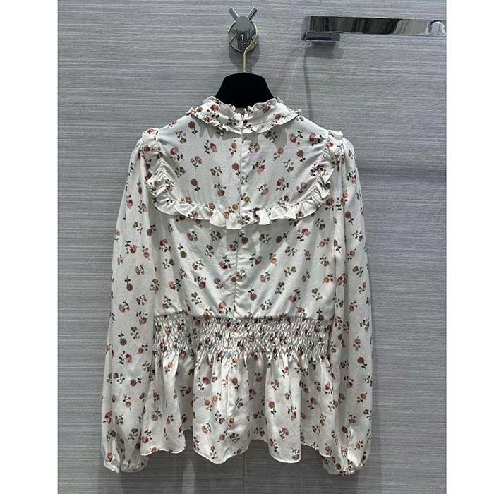 Louis Vuitton LV Women Floral Print Ruffle Collar Shirt Silk Milky White Regular Fit