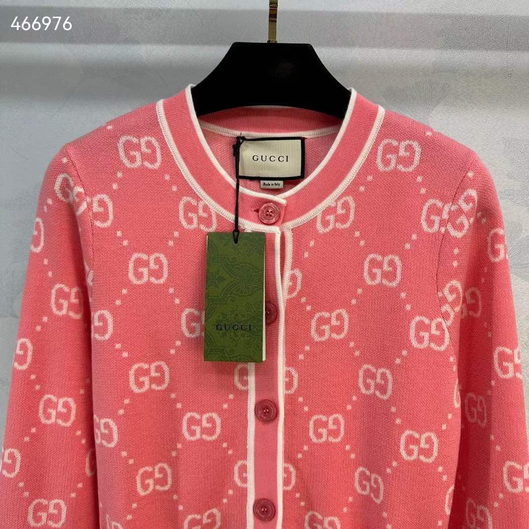 Gucci Women GG Cotton Jacquard Cardigan Pink Crewneck Long Sleeves