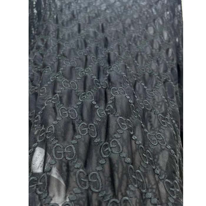 Gucci Women GG Embroidered Tulle T-Shirt Black Long Sleeve Fitted Cotton