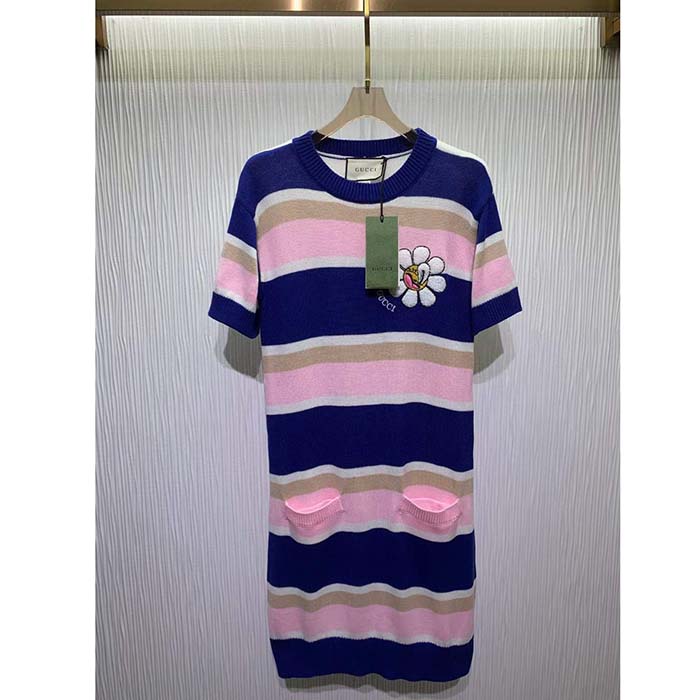 Gucci Women GG Striped Cotton Wool Dress Patch Round Neck