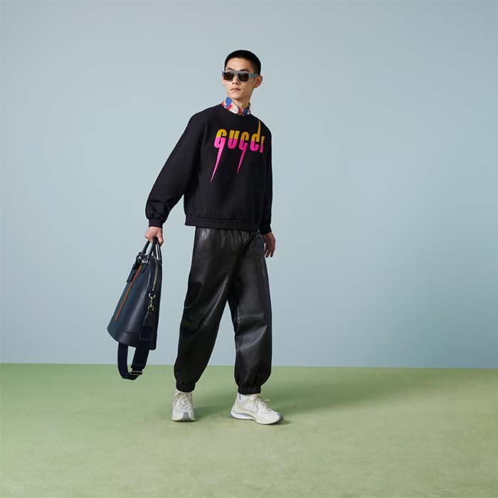 Gucci Men GG Cotton Jersey Printed Sweatshirt Black Felted Blade Print Crewneck Long Sleeves