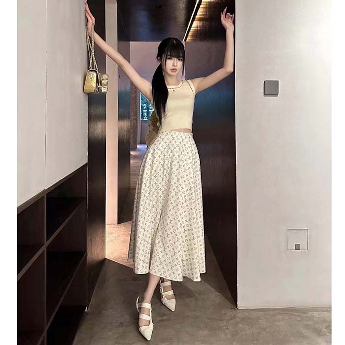Louis Vuitton Women LV Monogram Midi Skirt Silk Beige 1AFOJN