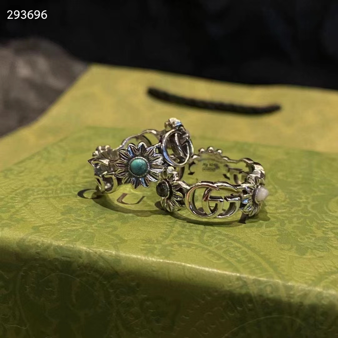 Gucci Unisex Double G Mother Of Pearl Ring Flowers Resin Blue Topaz Stones 925 Sterling Silver