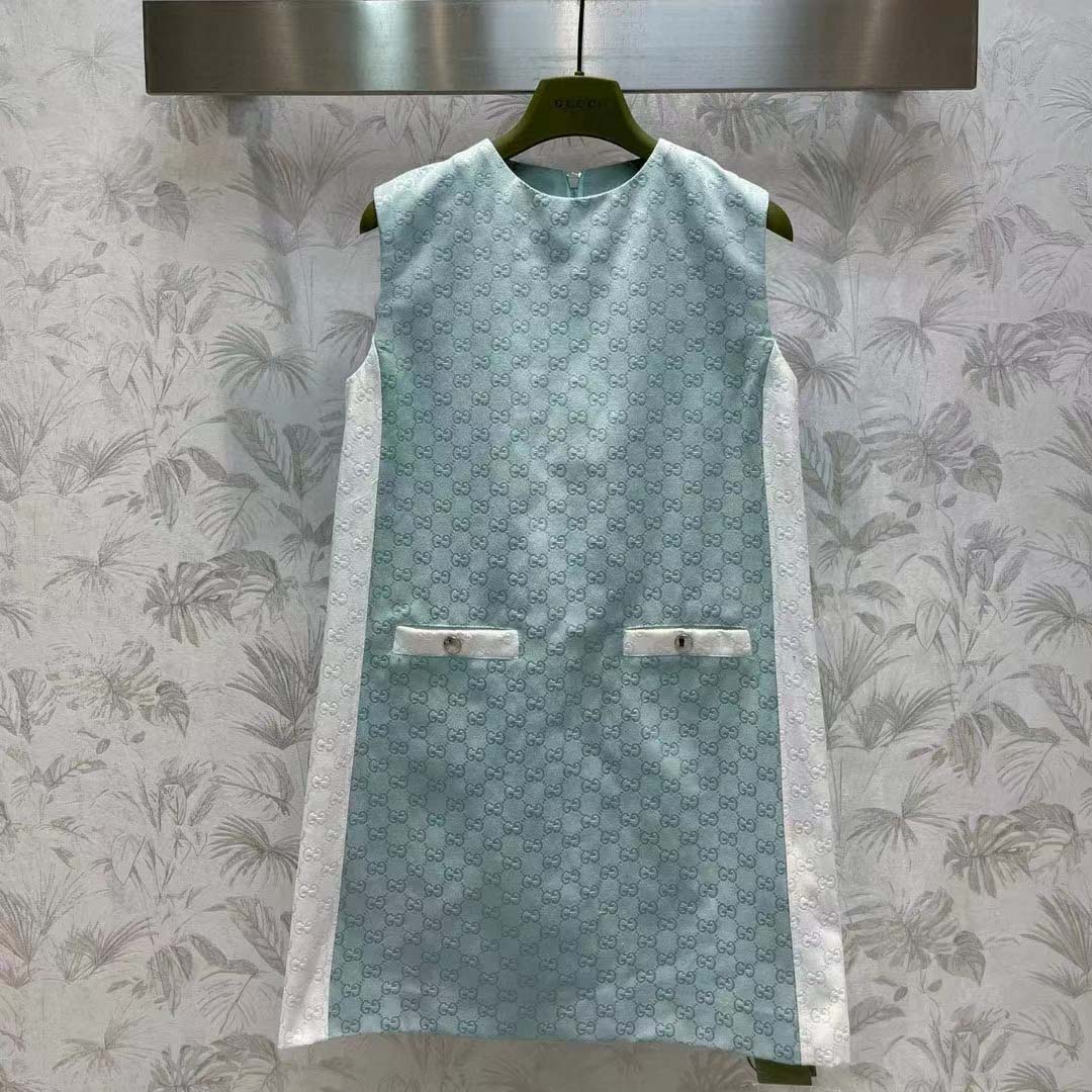 Gucci Women Reversible GG Canvas Dress Pale Blue Unlined Crewneck Sleeveless Two Front Pockets