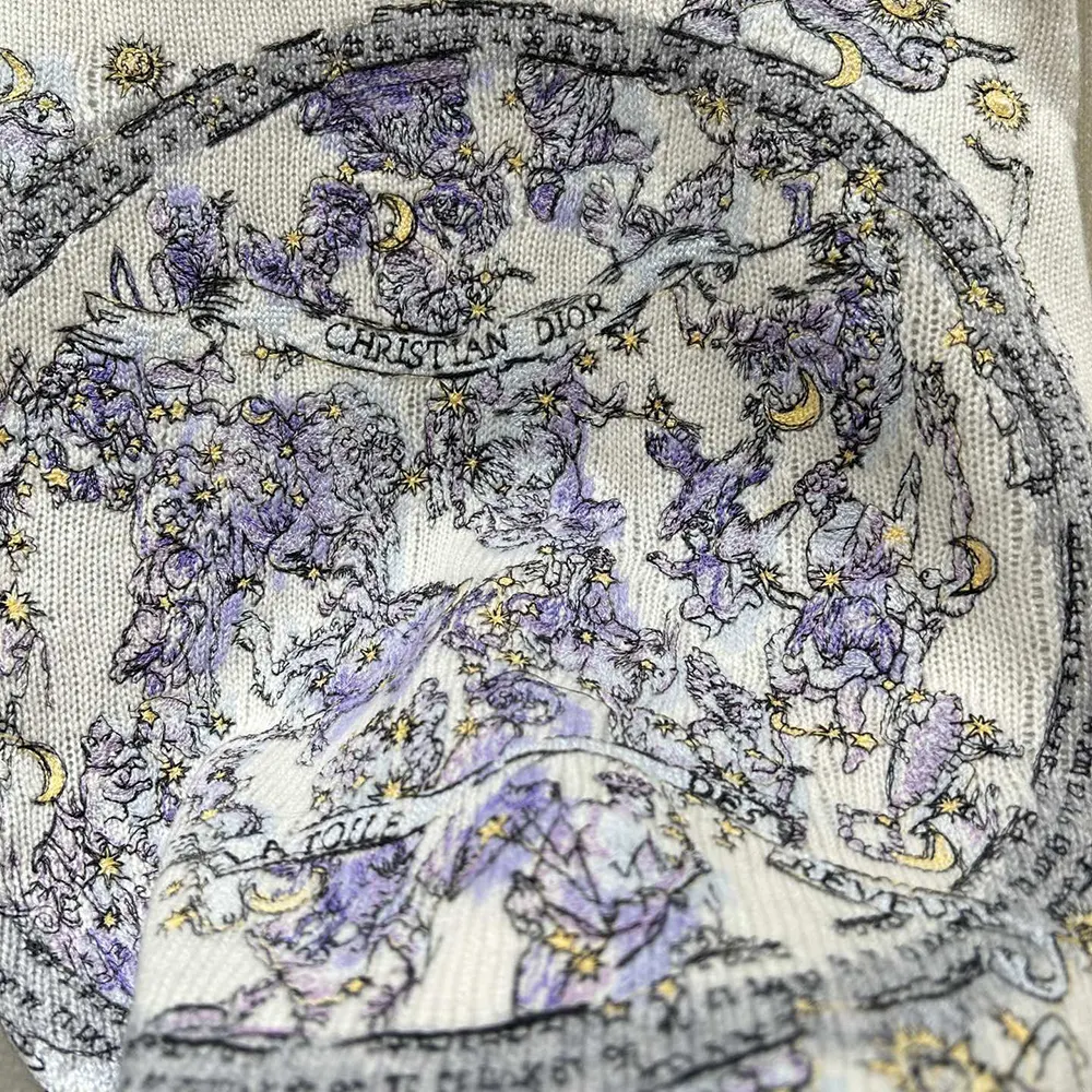 Dior Women Embroidered Sweater Ecru Cashmere Knit with Blue Dior Night of Dreams Motif