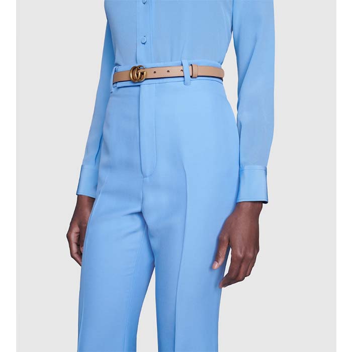 Gucci Unisex GG Thin Belt Double G Buckle Tan Leather 2 CM Width