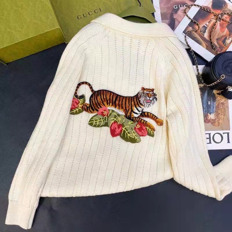 Gucci GG Men Gucci Tiger Knit Sweater Patch Wool Cotton Tiger Flower