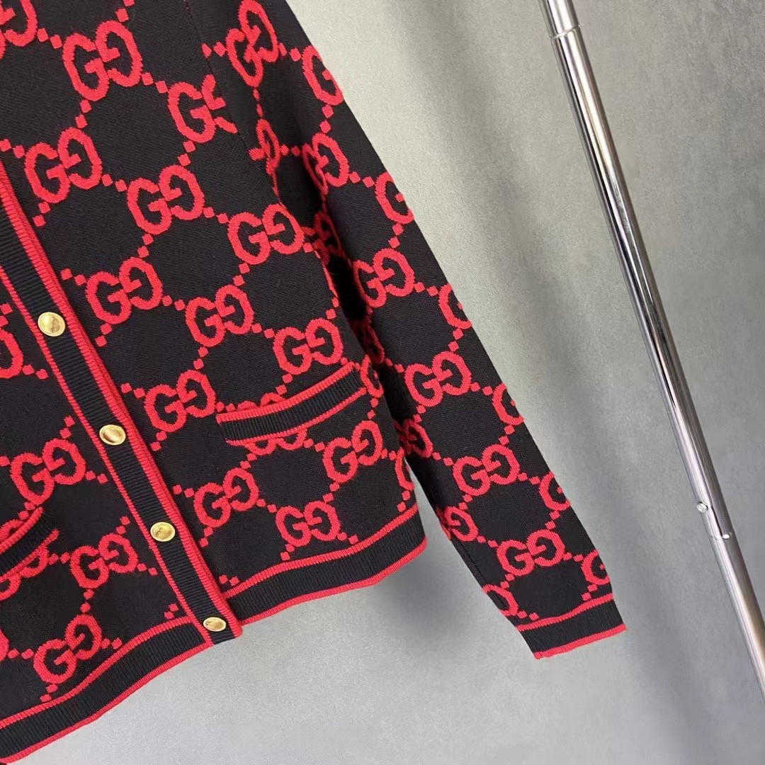 Gucci Women Wool Bouclé Jacquard Cardigan Blue Red GG Crewneck Long Sleeves