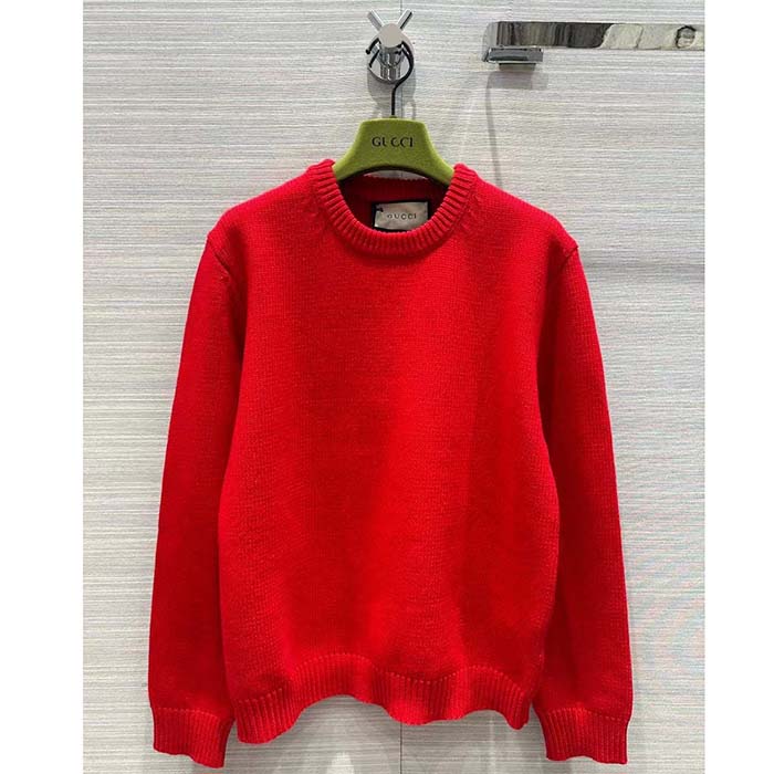 Gucci Women GG Red Wool Top Gucci Intarsia Crewneck Dropped Shoulder Long Sleeves