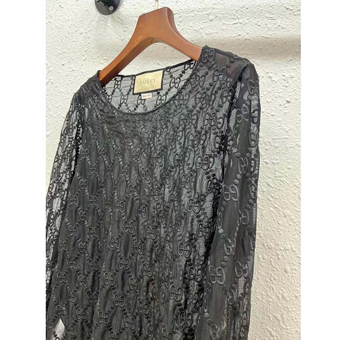Gucci Women GG Embroidered Tulle T-Shirt Black Long Sleeve Fitted Cotton
