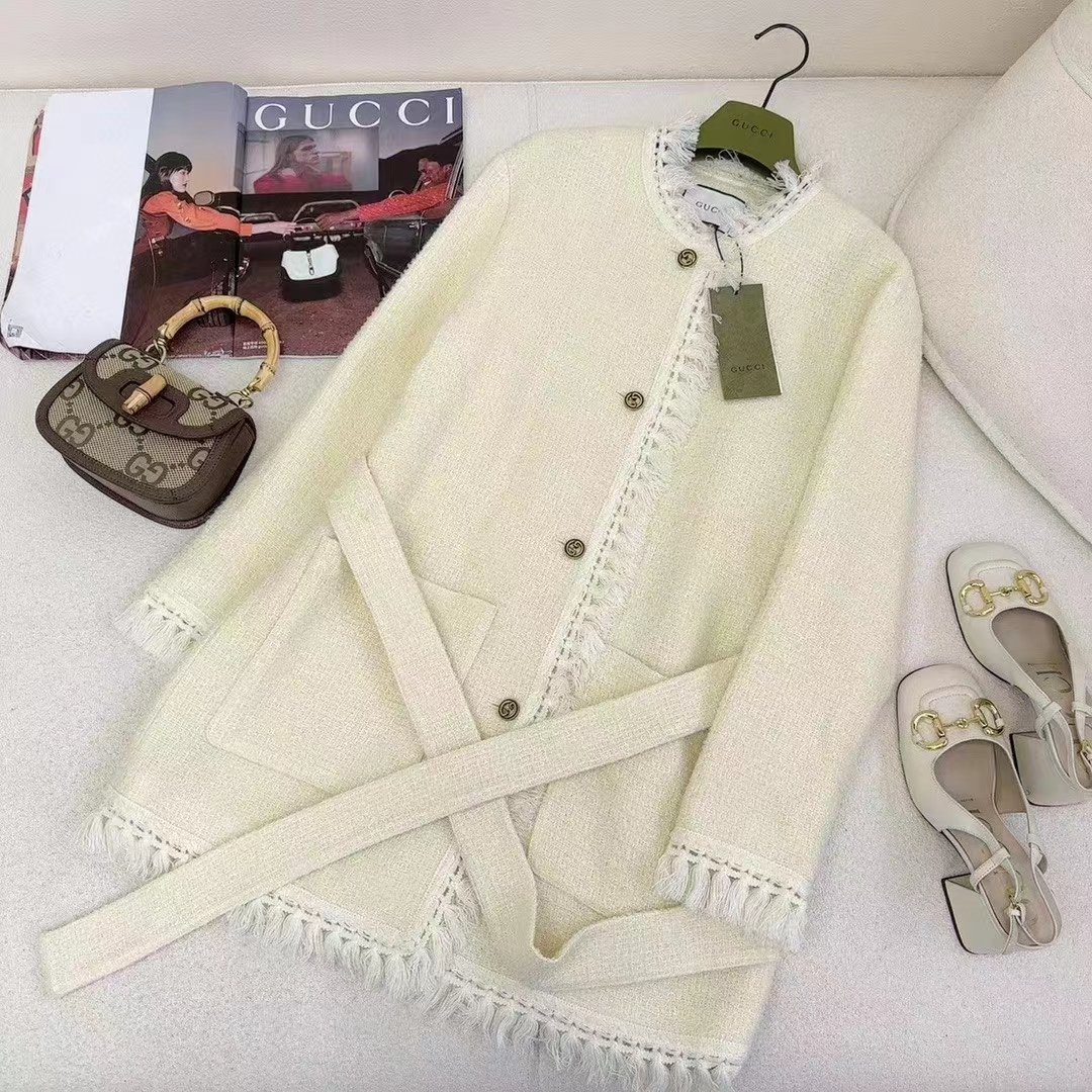 Gucci Women GG Belted Wool Bouclé Jacket White Ribbon Lined Detachable Patch Pockets