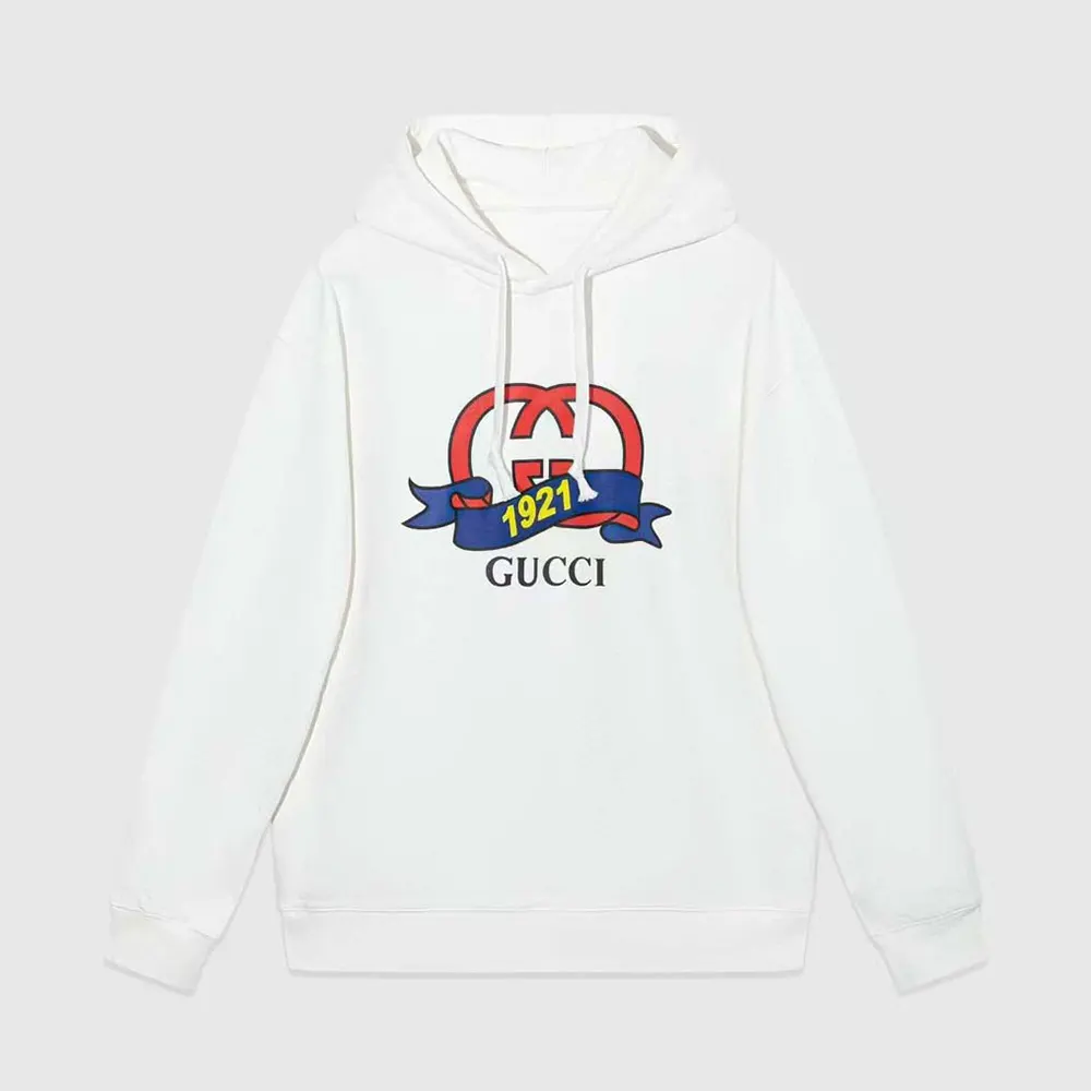 Gucci Men G 1921 Logo Print Cotton Hoodie-White