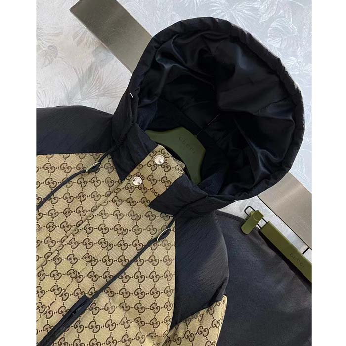 Gucci Women GG Canvas Bomber Jacket Camel Ebony Black Trim Lined Dropped Shoulder Padded