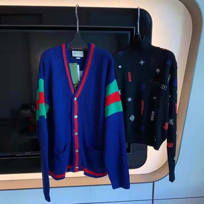 Gucci Women Gucci 100 Wool Cardigan Blue Wool Green Red V-Neck