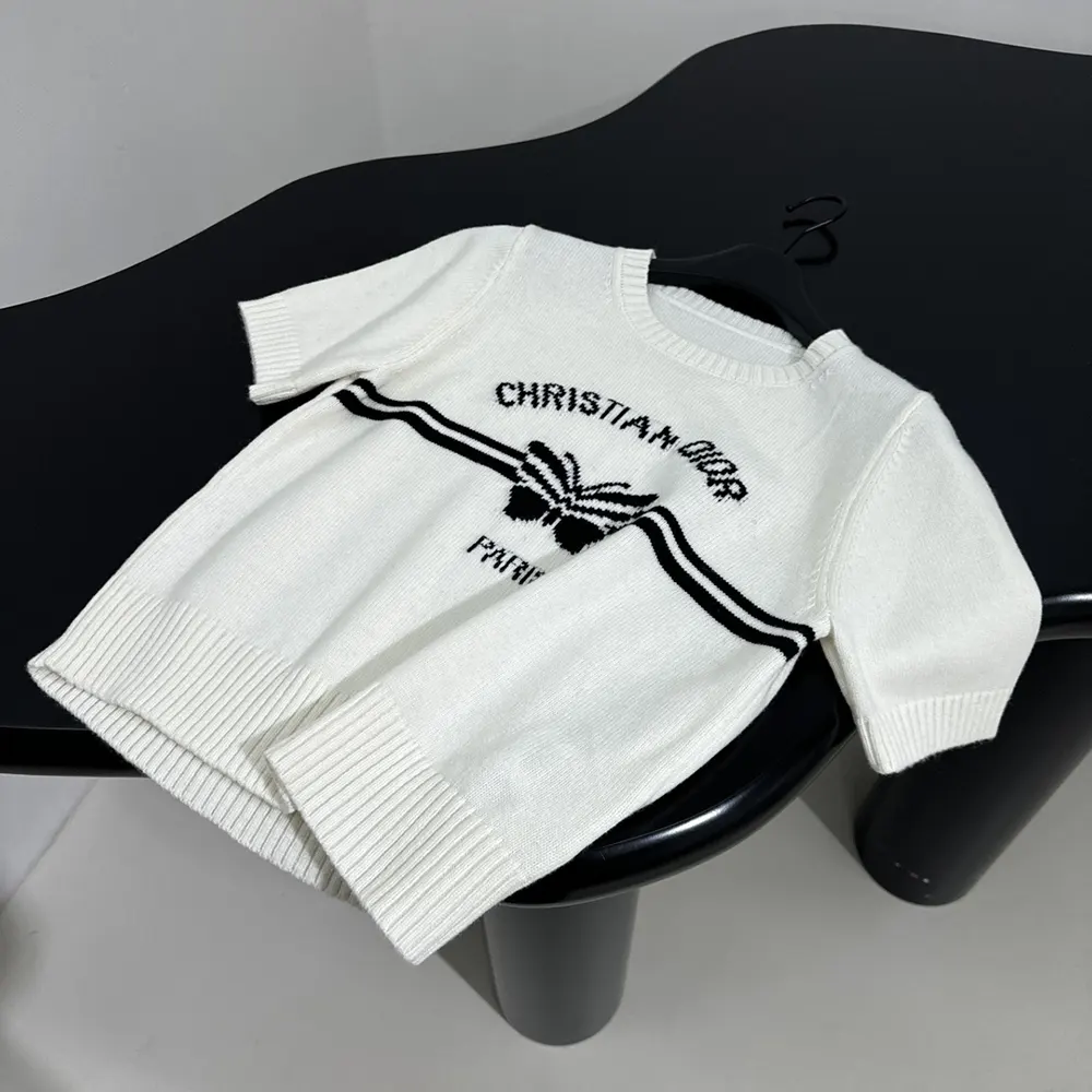 Dior Women Short-Sleeved Sweater White Cashmere Knit with Black Christian Dior Papillon Motif