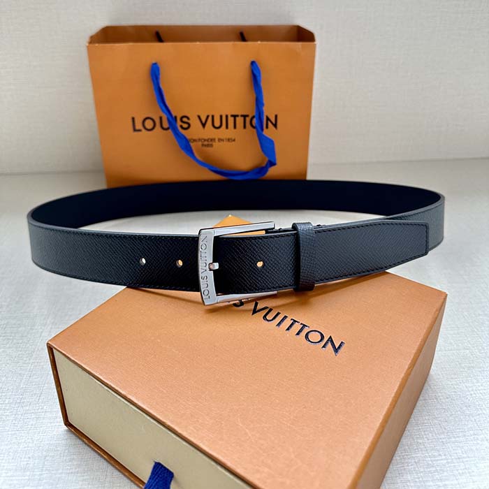 Louis Vuitton Unisex LV Pont Neuf 35 MM Belt Black Taiga Calf Leather Lining