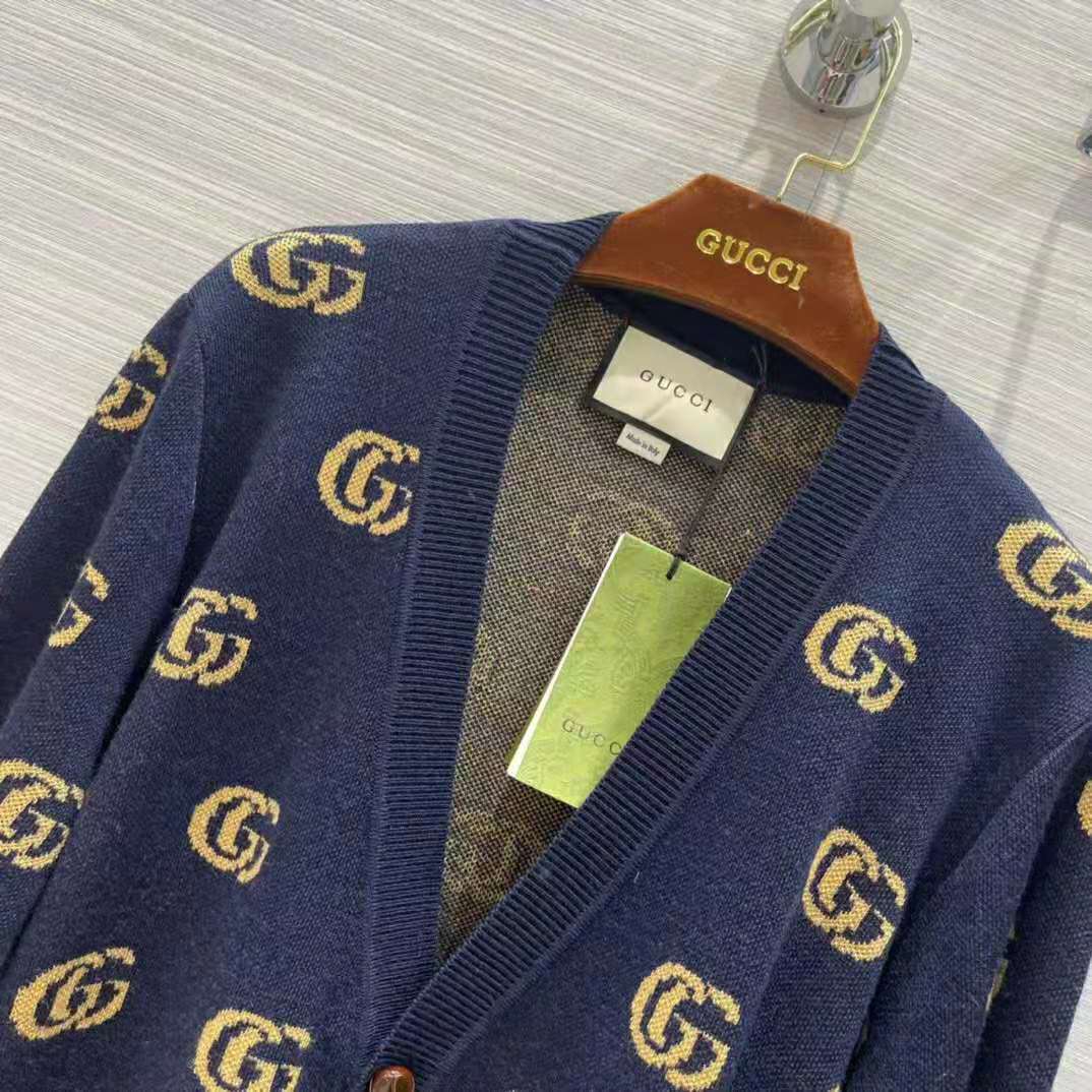 Gucci Women Double G Jacquard Wool Cardigan Front Pockets Blue and Beige