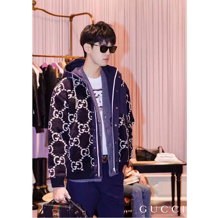 Gucci Men GG Fuzzy Fabric Jacquard Jacket Fixed Hood Drawstring Long Sleeves Front Patch Pocket