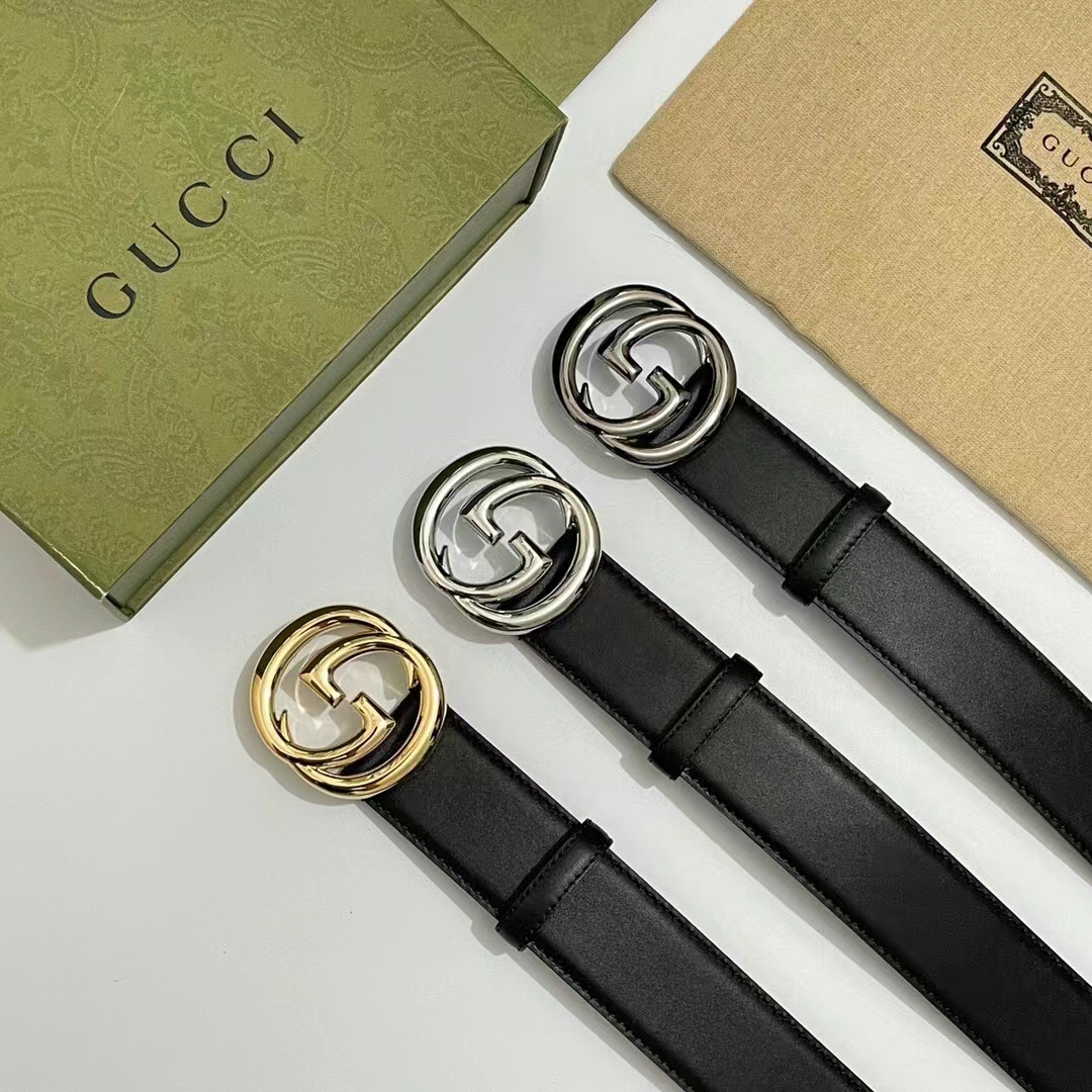 Gucci Unisex GG Blondie Belt Black Leather Round Interlocking G Buckle 4 CM Width