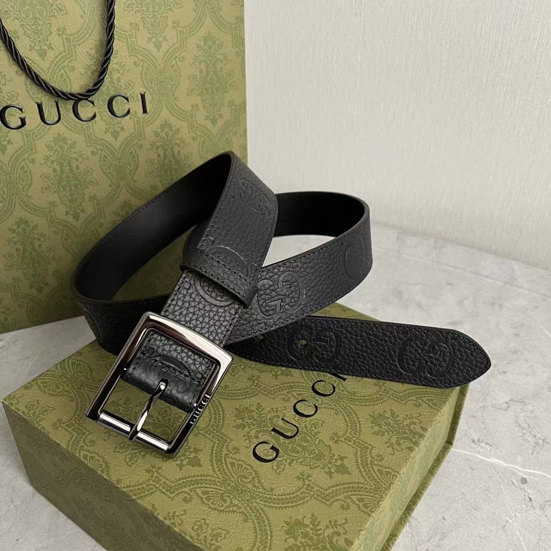 Gucci GG Unisex Rubber-Effect Leather Belt Black Square Buckle 3.3 CM Width
