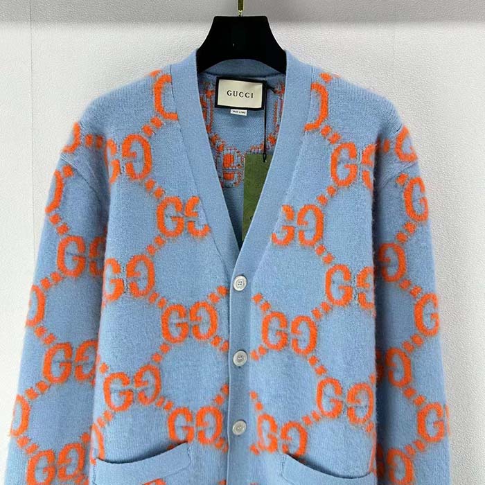 Gucci Women Wool Cardigan GG Intarsia Blue V-Neck Long Sleeves