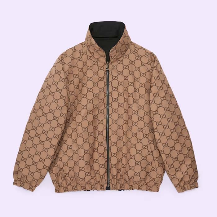 Gucci Women Reversible Poplin Jacket Black Polyester Piping Green Red Beige Ebony GG Canvas