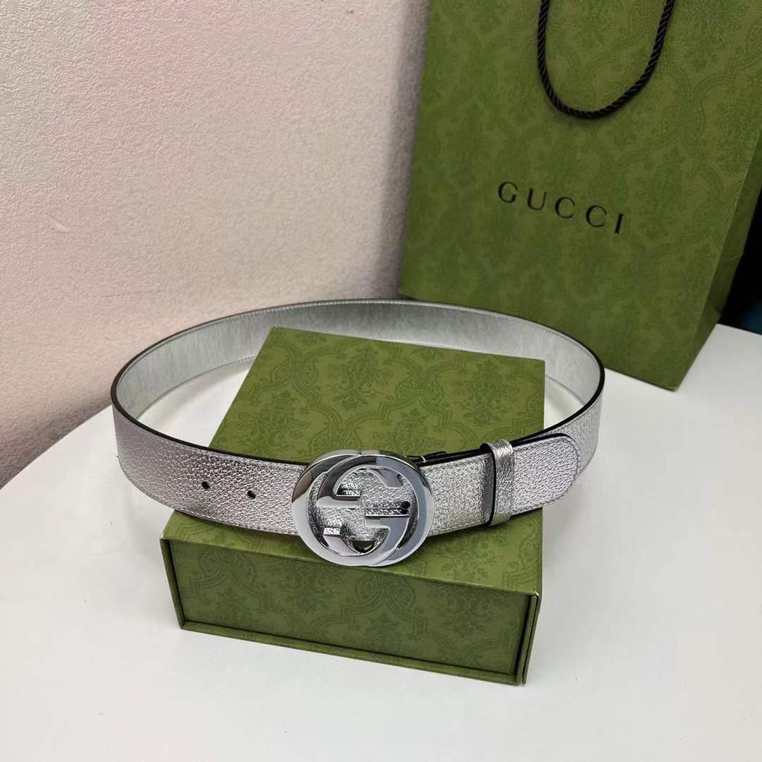 Gucci Unisex GG Interlocking G Buckle Wide Belt Silver Leather 4.6 CM Belt