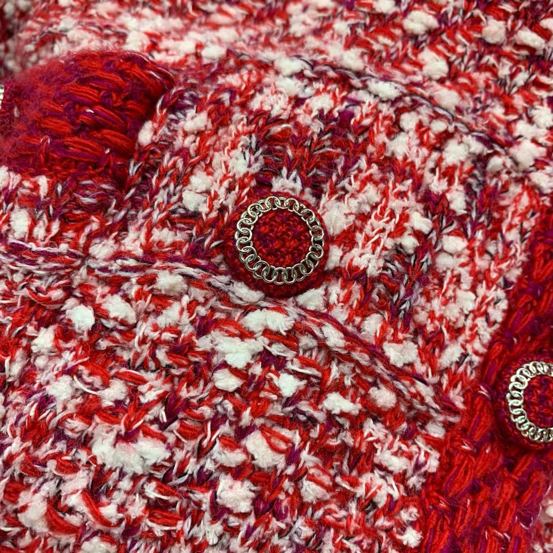 Chanel Women CC Coat Embroidered Cotton Wool Tweed Red White