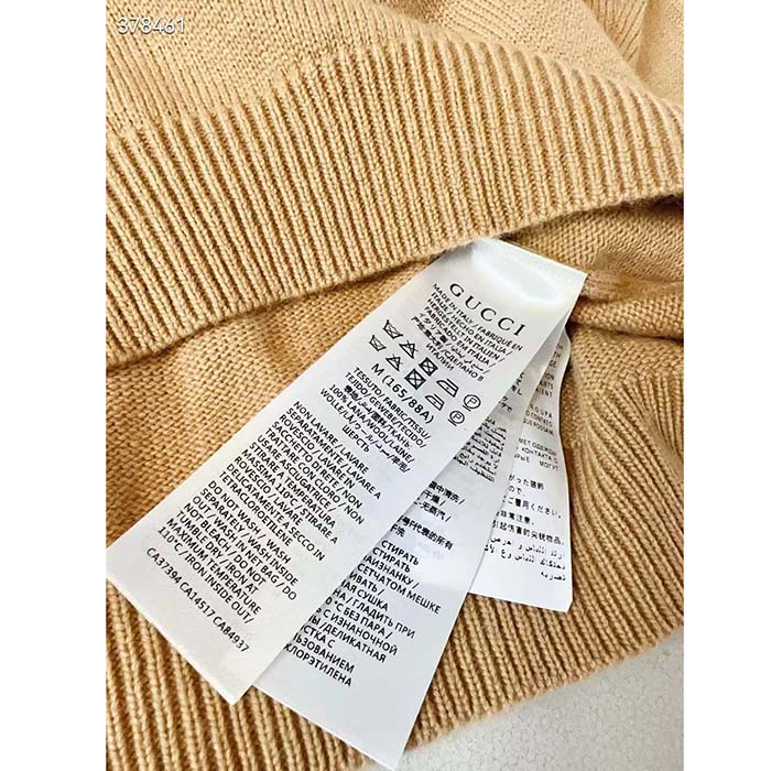 Gucci Women GG Wool Top Gucci Intarsia Camel Wool Crewneck Dropped Shoulder Long Sleeves Rib