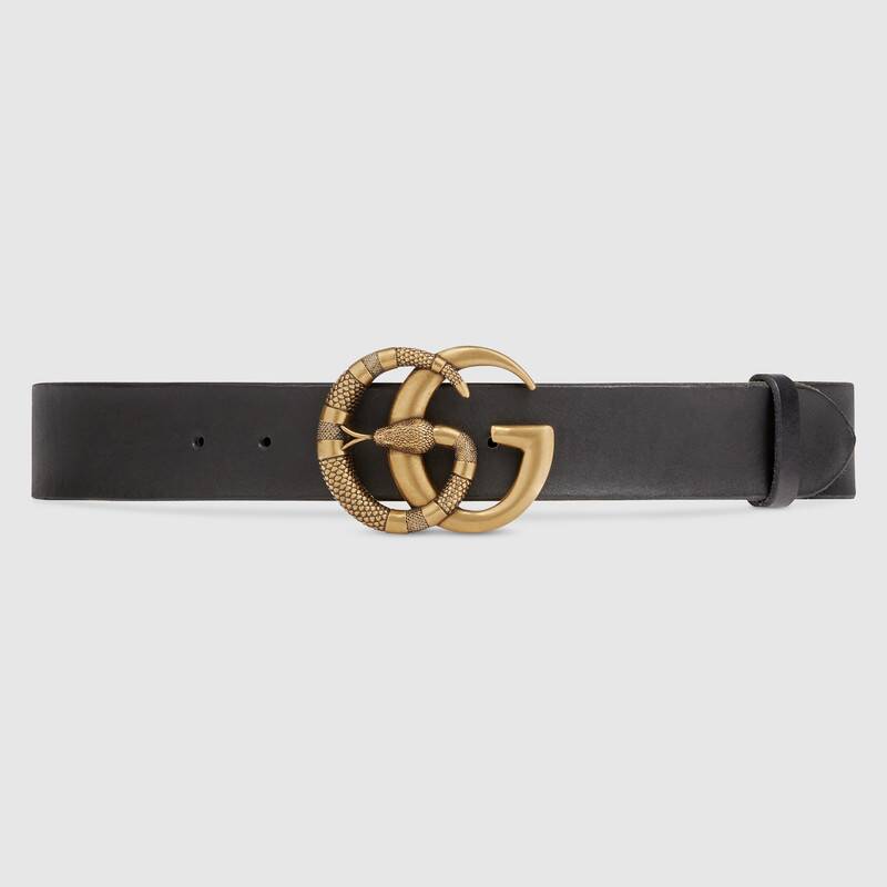 Gucci Unisex Leather Belt with Double G Buckle with Snake 4 cm Width Black