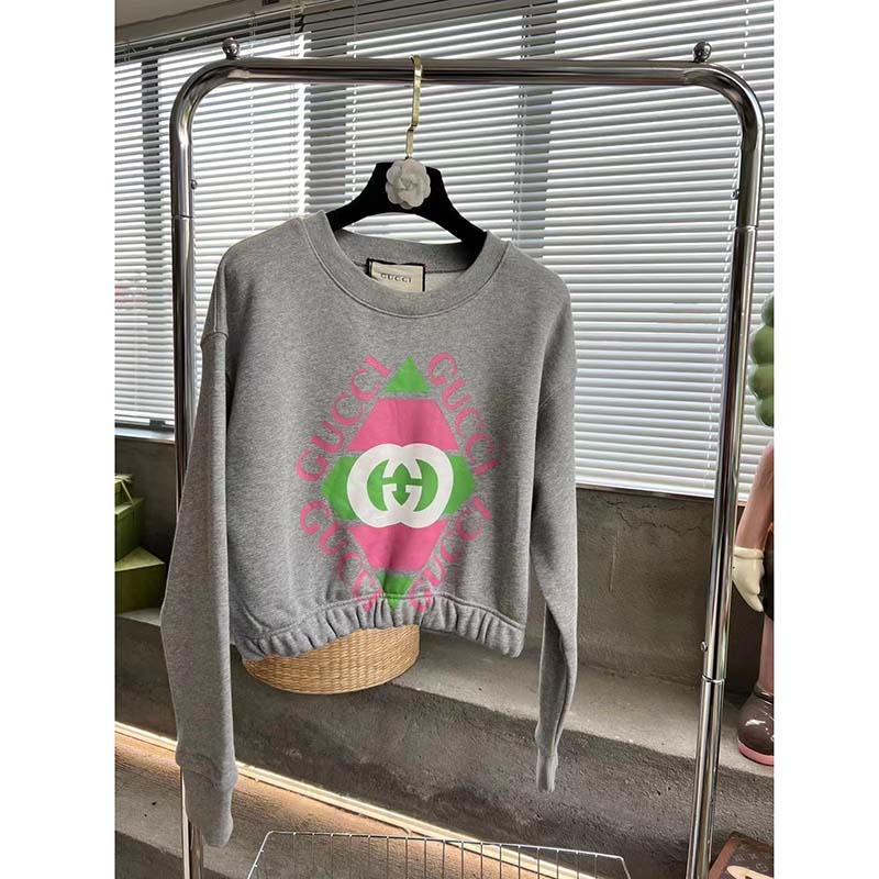 Gucci GG Women Cotton Jersey Sweatshirt Grey Heavy Felted Cotton Crewneck Long Sleeves