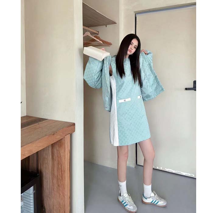 Gucci Women Reversible GG Canvas Dress Pale Blue Unlined Crewneck Sleeveless Two Front Pockets