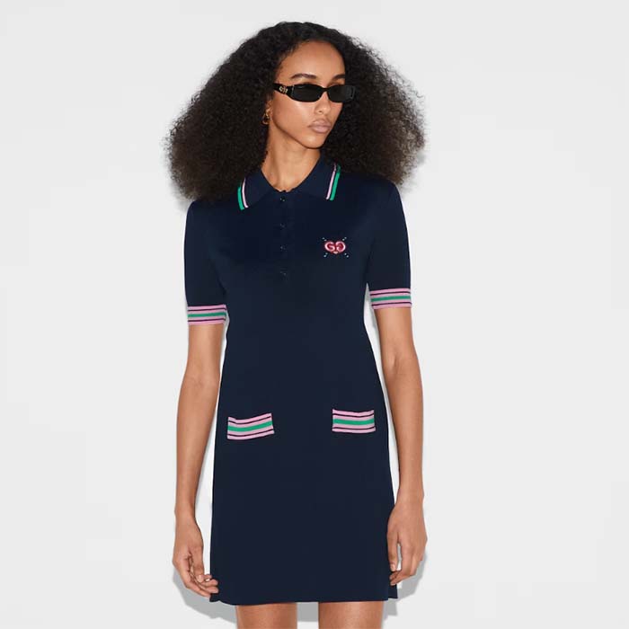 Gucci Women Fine Knit Dress Embroidery GG Heart Point Collar