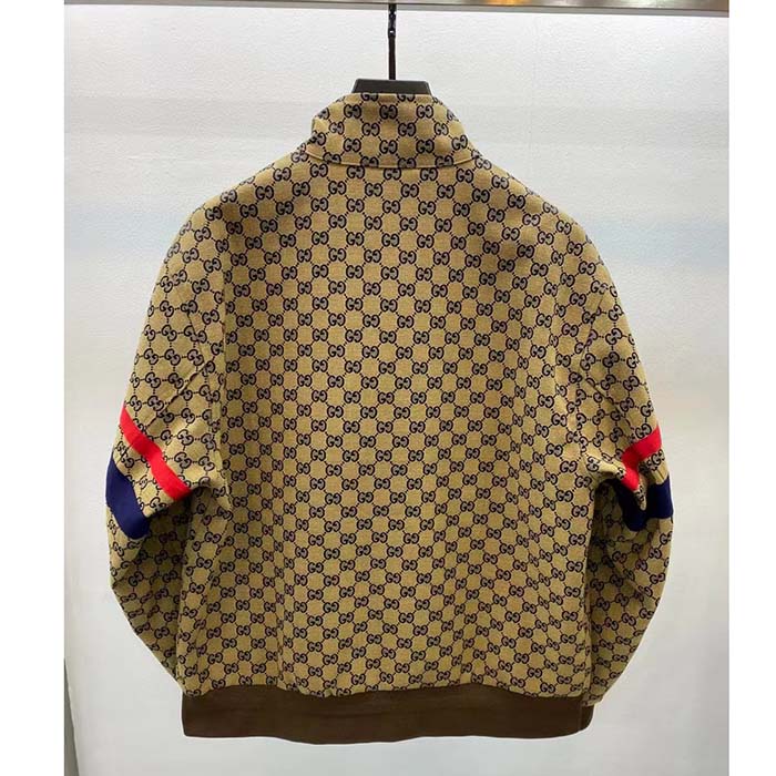 Gucci Women GG Cotton Canvas Zip Jacket Beige Blue Leather Lined Stand Collar Buttons