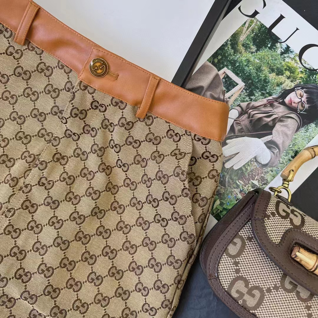 Gucci Women GG Canvas Skirt Camel Ebony Brown Leather Unlined Fitted Waistband Belt Loops
