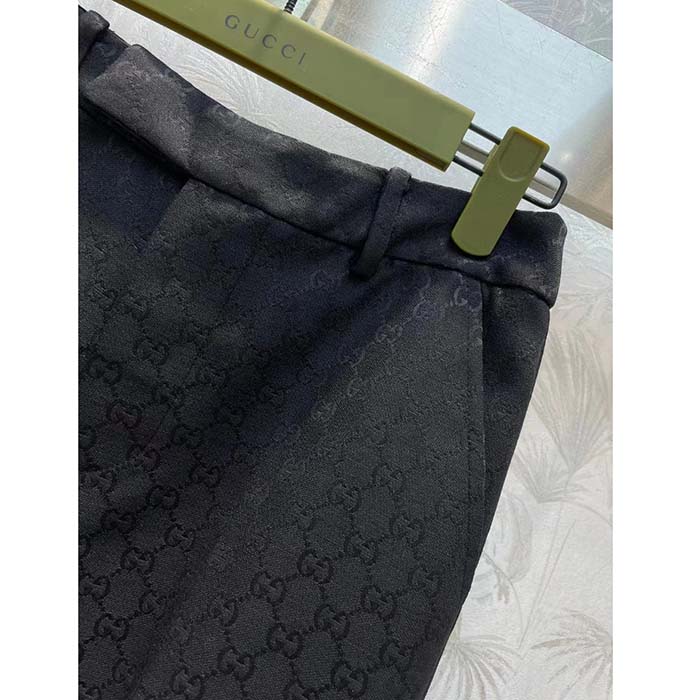 Gucci Women GG Wool Jacquard Pant Black Fitted Waistband Four Pleats Wide Leg