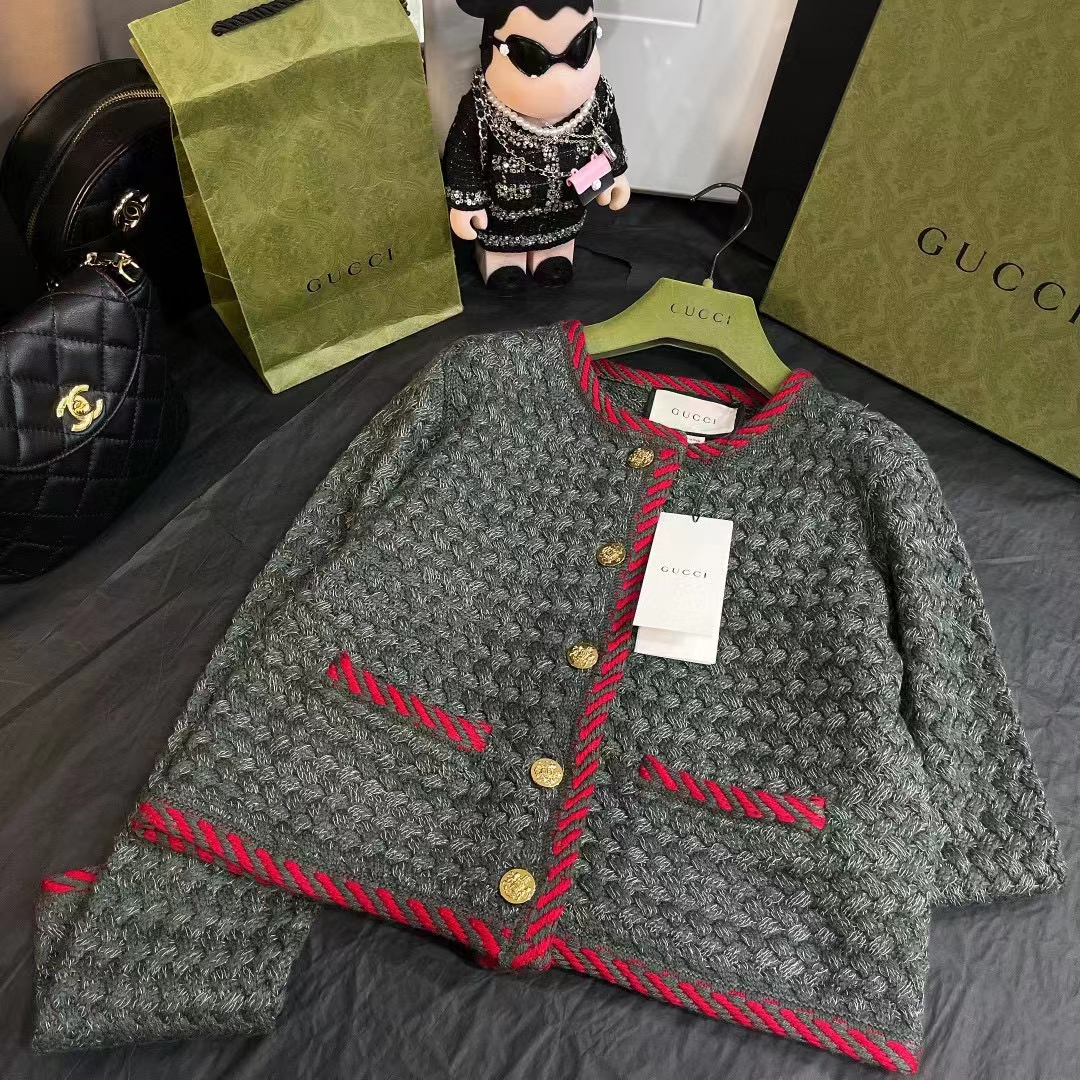 Gucci Women GG Cable Knit Wool Jacket Dark Green Collarless Wool Cotton
