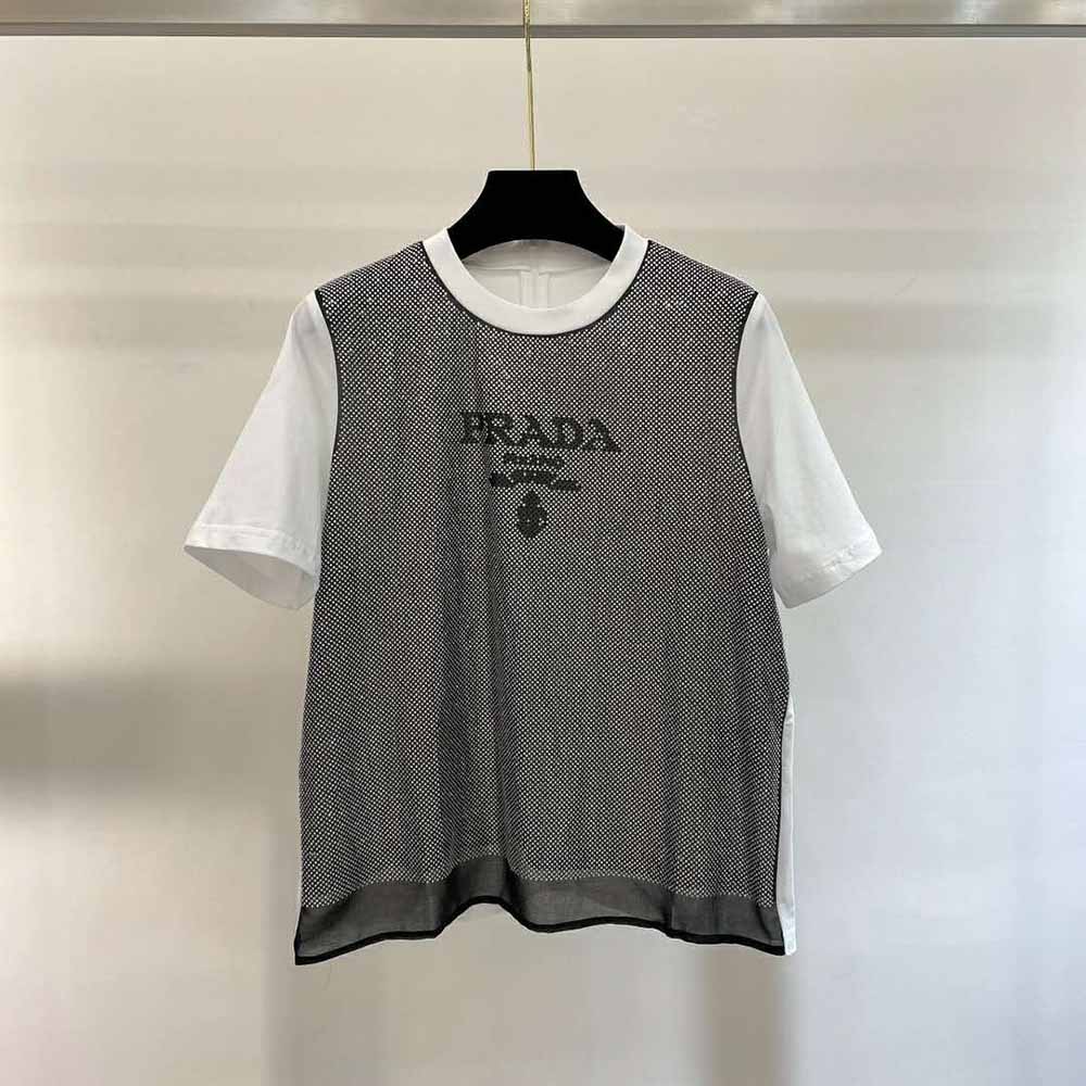 Prada Women Studded Chiffon and Jersey T-shirt-White