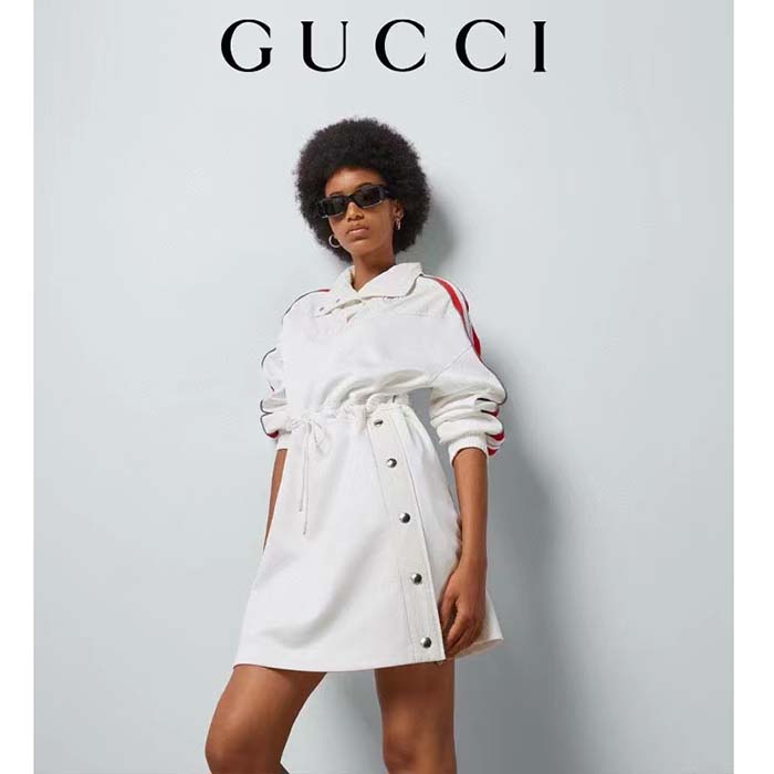 Gucci Women GG Technical Jersey Dress Web High Neck Dropped Shoulder Elastic Cuffs Drawstring Waist