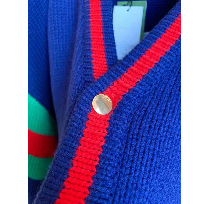 Gucci GG Men Gucci 100 Wool Cardigan Blue Wool Green Red V-Neck