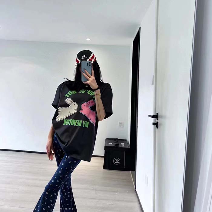 Gucci Women GG HA HA HA Bunny T-Shirt Black Medium Cotton Jersey Crewneck